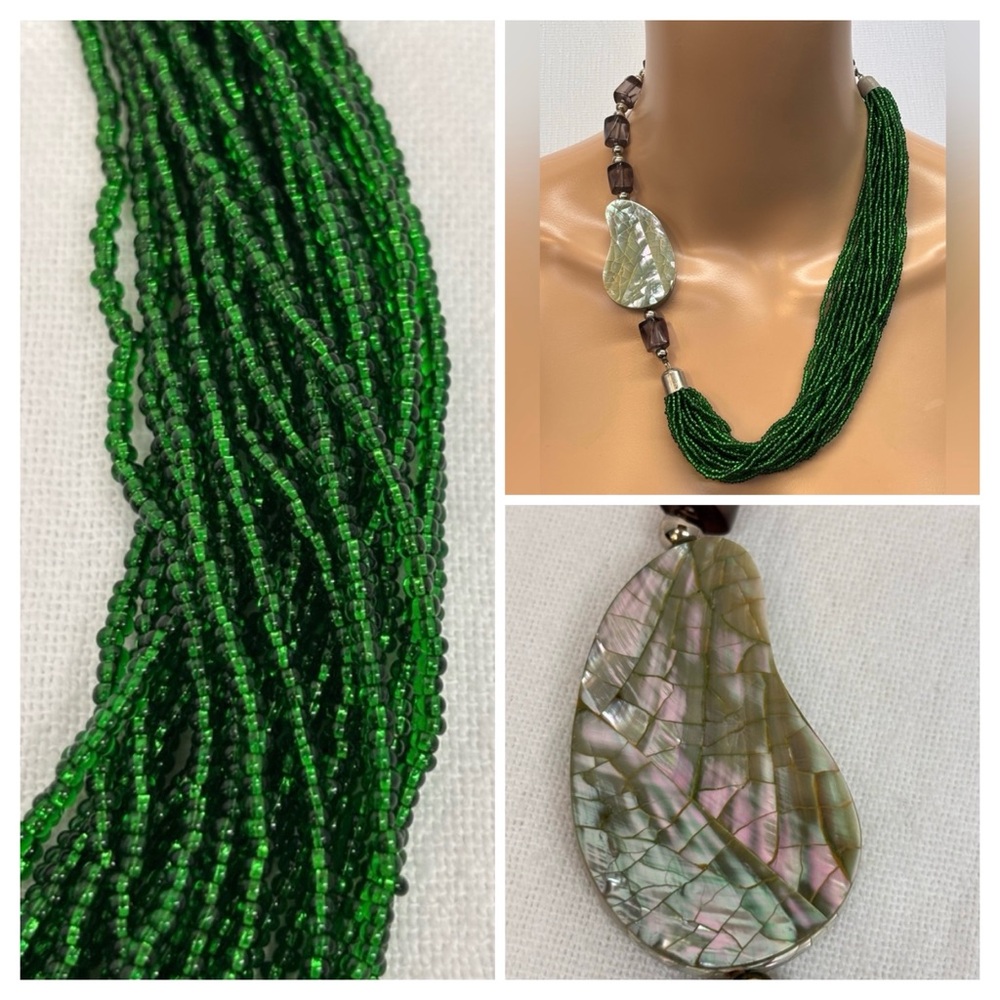 Monies-Style Green Beaded Necklace with Large Mother of Pearl Pendant